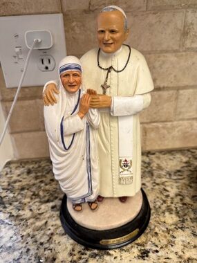 Religious Figurine Pair - Mother Teresa & Pope Statue, White with Blue Accents